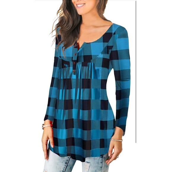 Women's Large Top Blue Black Printed Checkered Casual Tunic Blouse NWOT - Picture 2 of 8